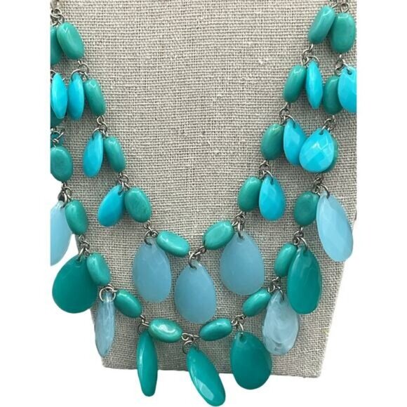 Layered Teardrop Stone Necklace With Silver Tone Chain Turquoise Accents - Picture 2 of 9